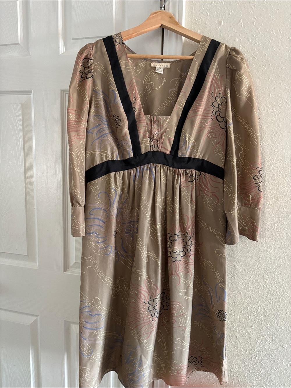 Anthropologie Harkham 100% Silk, Mushroom Color Floral Midi Dress w/ Black Trim